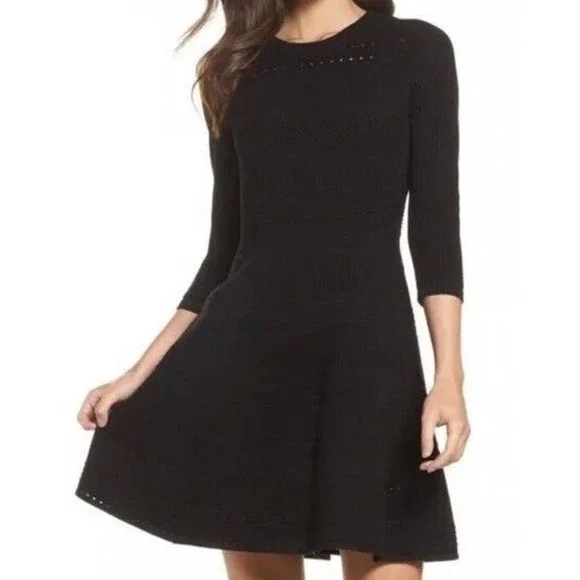 Eliza J | Dresses | Eliza J Dress Womens Size L Black Crochet Eyelet Knit  34 Sleeves Back Zip | Poshmark